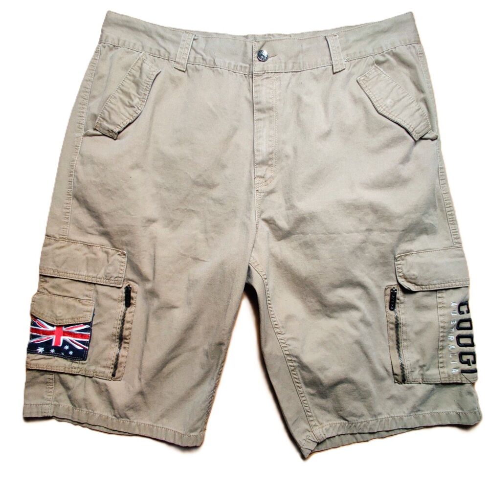 Coogi Australia Cargo Shorts W44 Khaki Cotton Zip Pockets Flag Patch